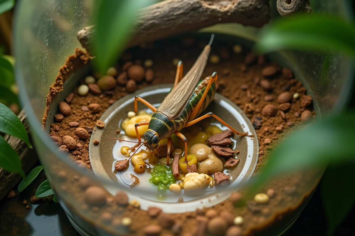 Cricket explorant un plat dans un terrarium