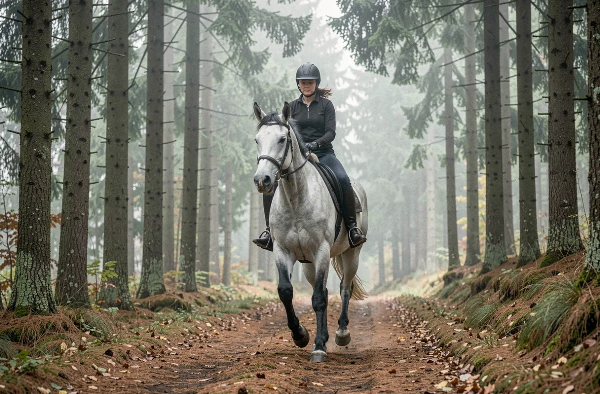 Cavalière au galop sur un sentier forestier vosgien aux Crins de Ramberchamp à Gérardmer, Vosges