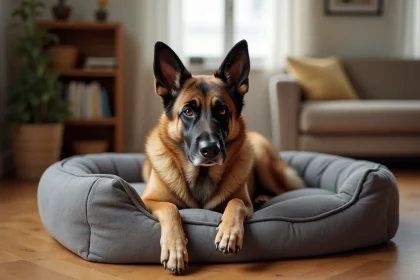 Croisé Malinois Berger allemand senior se reposant sur un tapis orthopédique confortable dans un salon chaleureux