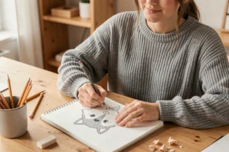 Jeune femme dessinant un loup mignon au crayon dans un carnet de croquis posé sur un bureau en bois
