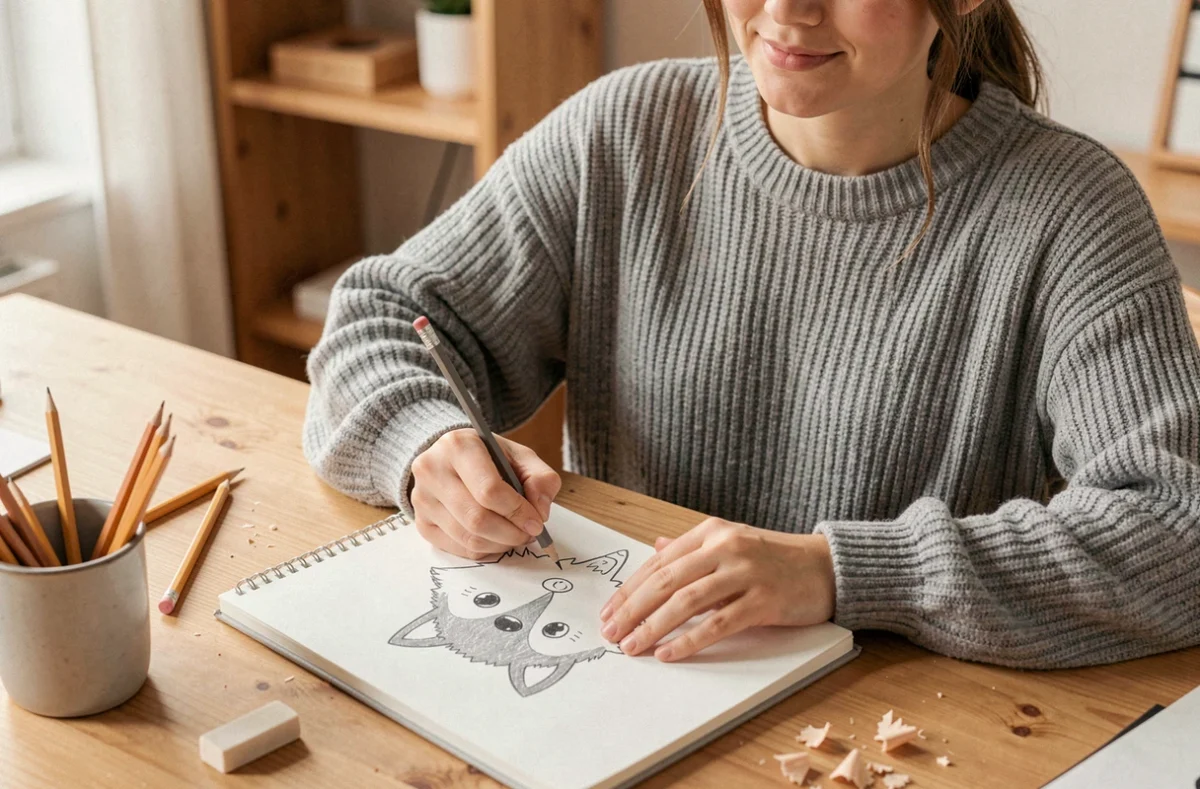 Jeune femme dessinant un loup mignon au crayon dans un carnet de croquis posé sur un bureau en bois