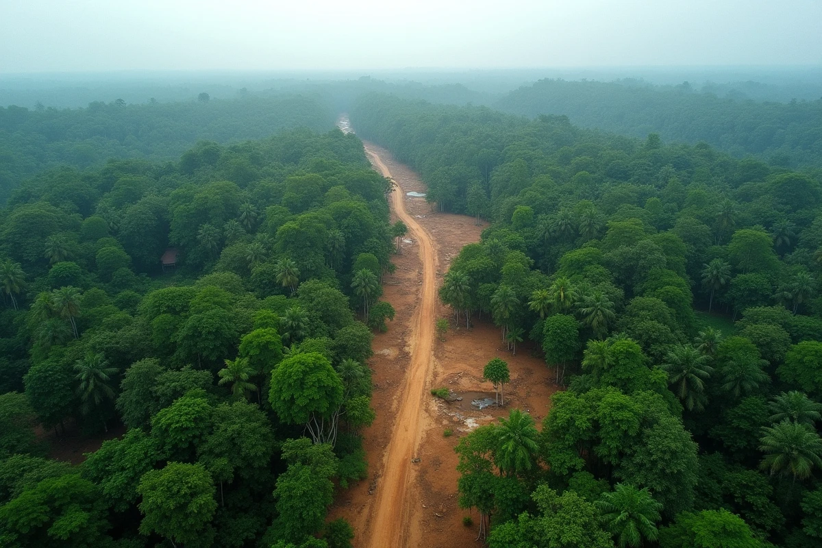 Vue aérienne d'une forêt tropicale fragmentée en Asie du Sud-Est illustrant la destruction de l'habitat naturel des espèces menacées