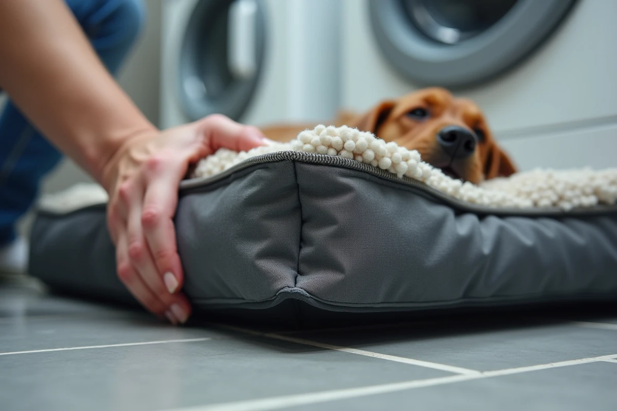 Gros plan sur les coutures renforcées et le bord résistant aux morsures d'un panier indestructible pour chien en nylon balistique