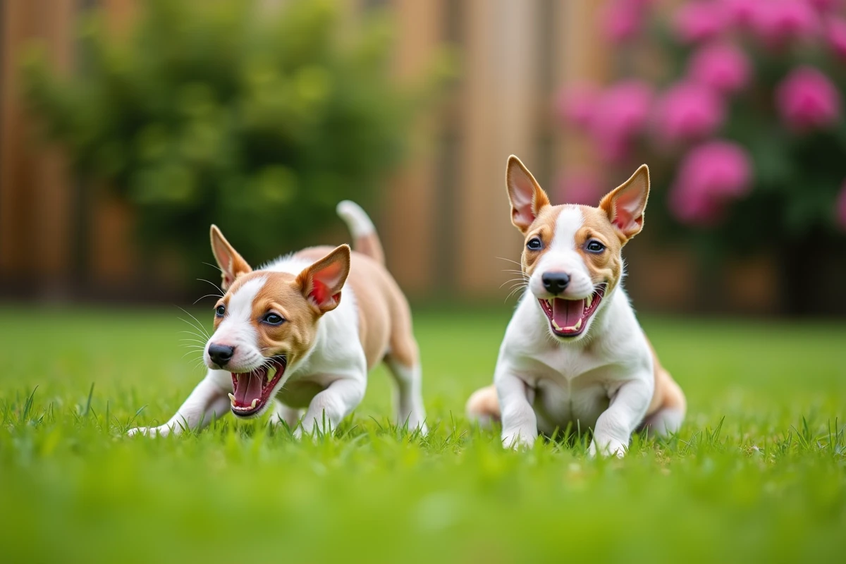 Deux chiots Bull Terrier jouant dans un jardin vert