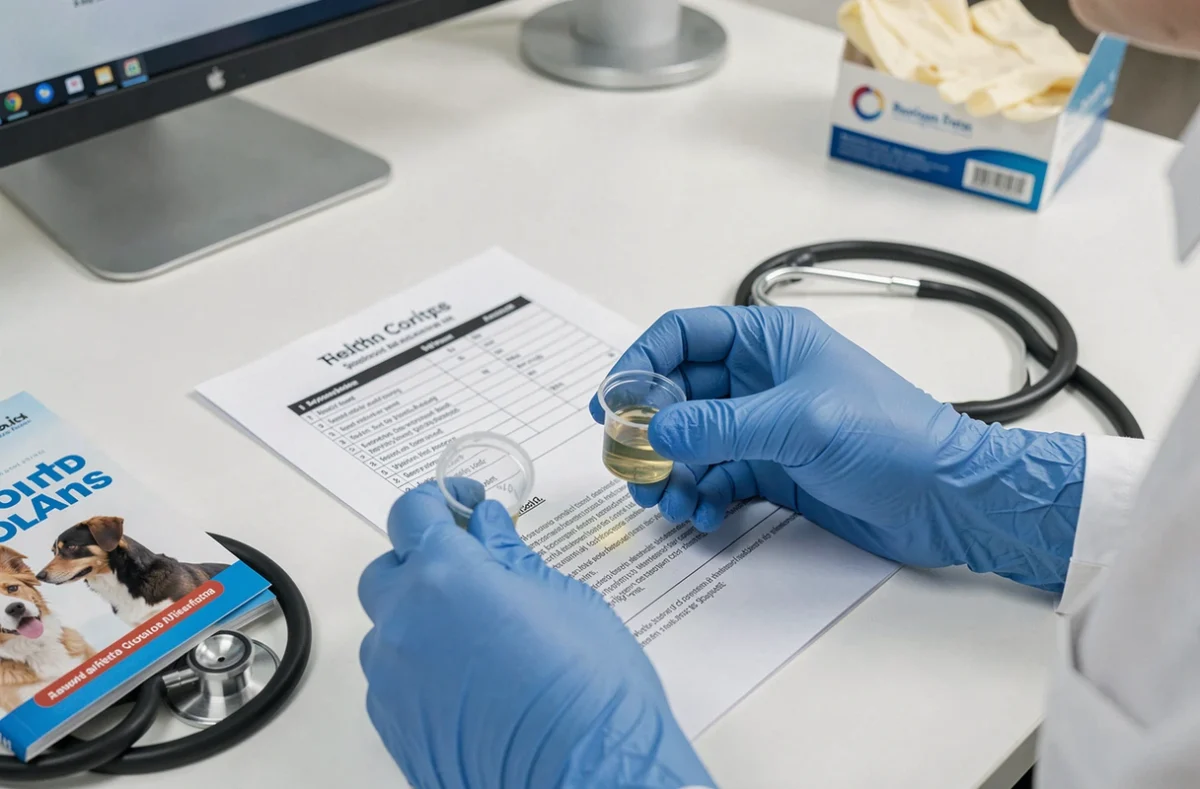 Gants de vétérinaire tenant un flacon d'analyse et des documents de diagnostic pour un chien souffrant de vomissements jaunes