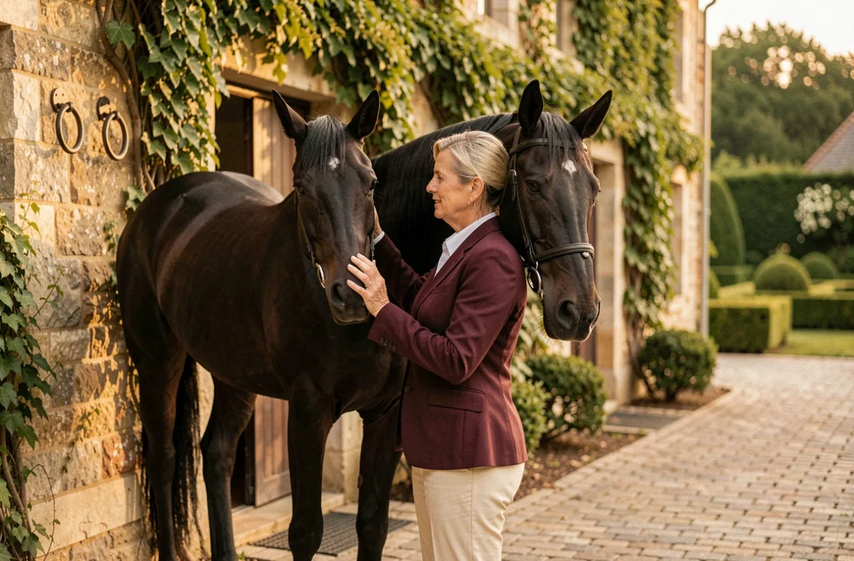 Cavalière pansant un cheval noir dans la cour pavée du Domaine Équestre de la Bonde en Normandie