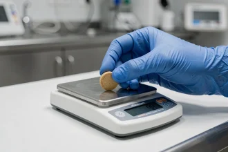 Dosage précis d'un comprimé antiparasitaire pour chat sur une balance de précision vétérinaire