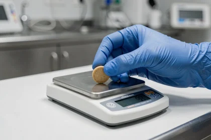 Dosage précis d'un comprimé antiparasitaire pour chat sur une balance de précision vétérinaire