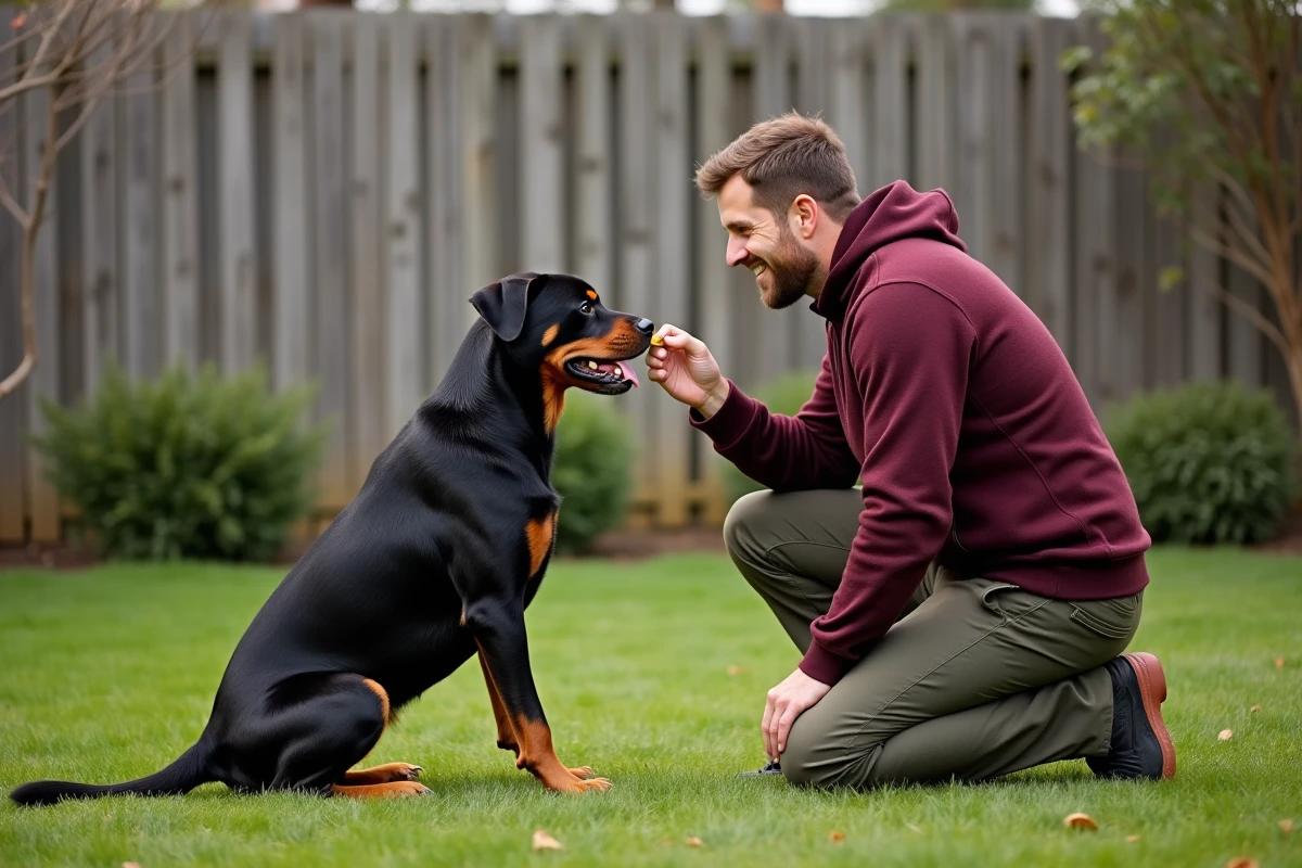 Dressage d'un rottweiler en séance d'obéissance dans un jardin pour stimuler mentalement le chien