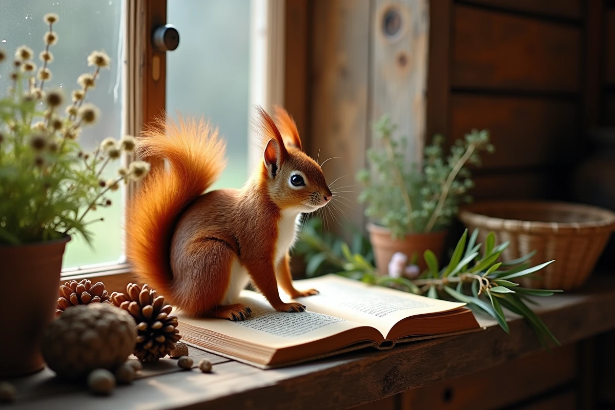 Écureuil roux posé sur un rebord de fenêtre rustique entouré d'herbes séchées et d'un livre ancien, illustrant le symbolisme de l'écureuil dans le folklore et les croyances populaires