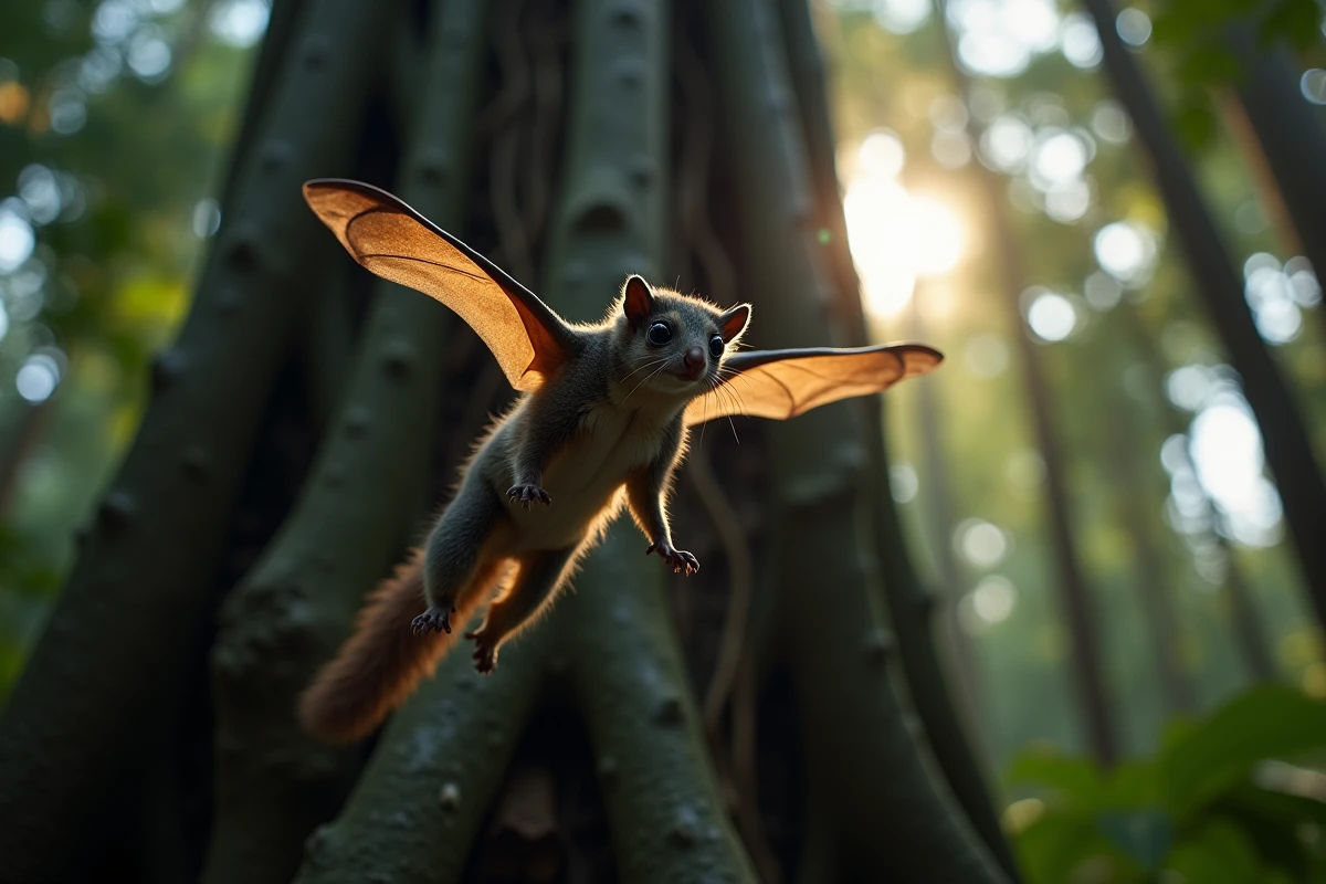 Écureuil volant de Malaisie en plein saut dans la canopée d'une forêt tropicale de Bornéo