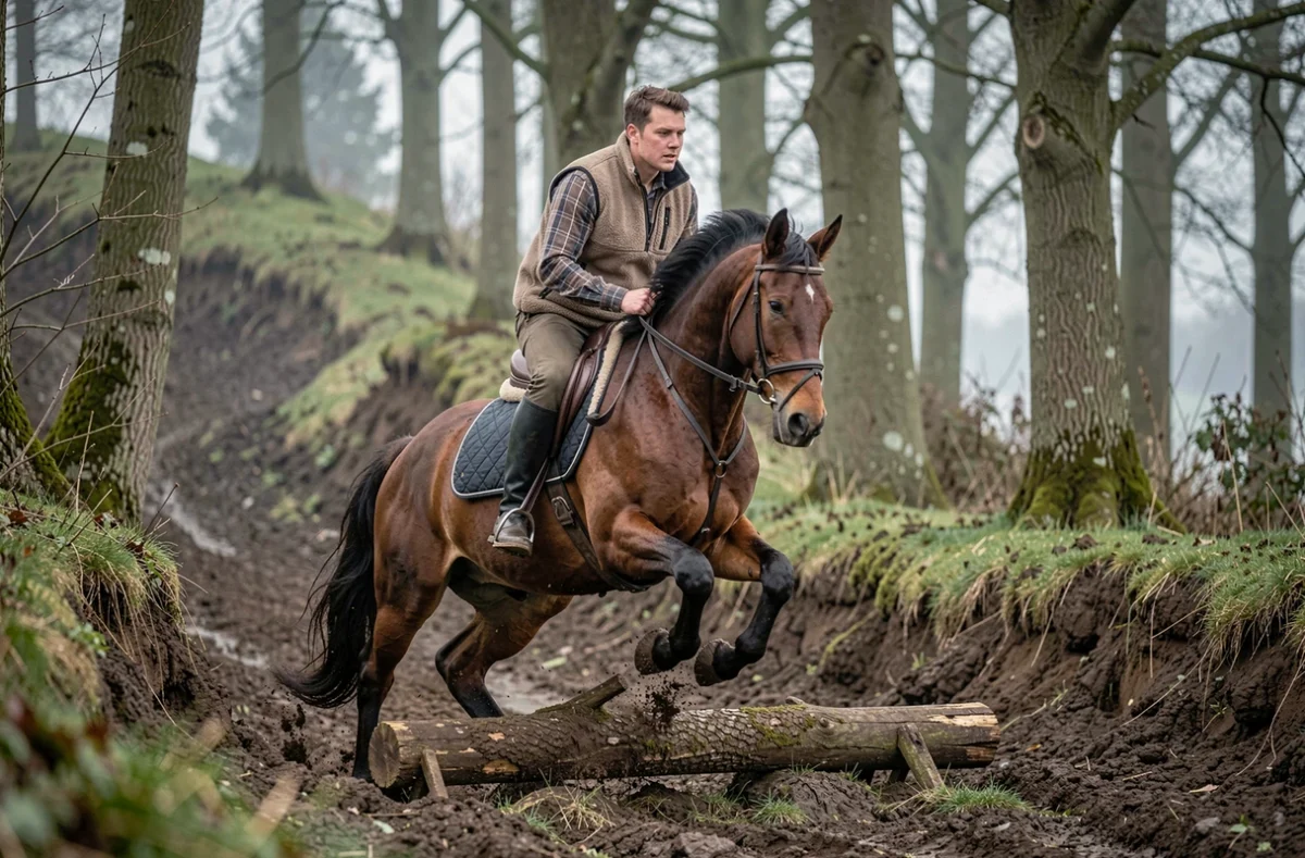 Cavalier sur cheval bai franchissant un obstacle naturel en forêt à l'Écurie du Bec en Normandie