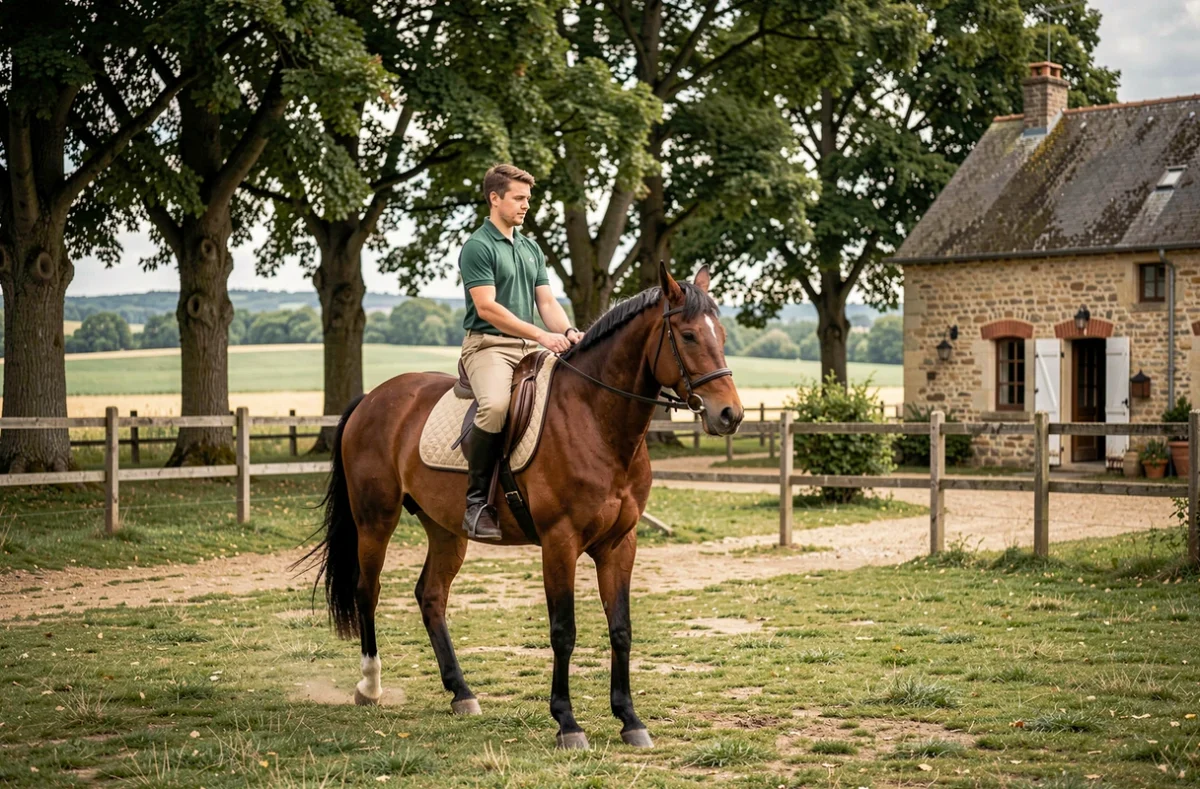 Moniteur d'équitation encadrant un jeune cavalier sur un cheval bai à l'Écurie du Vermois à Burthecourt-aux-Chênes, Meurthe-et-Moselle
