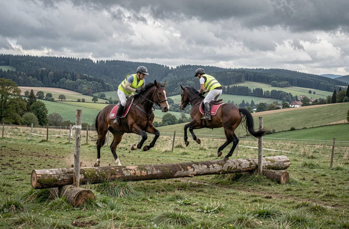 Deux cavaliers franchissant un obstacle de cross dans les collines vosgiennes aux Écuries du Saut des Vosges à Cheniménil