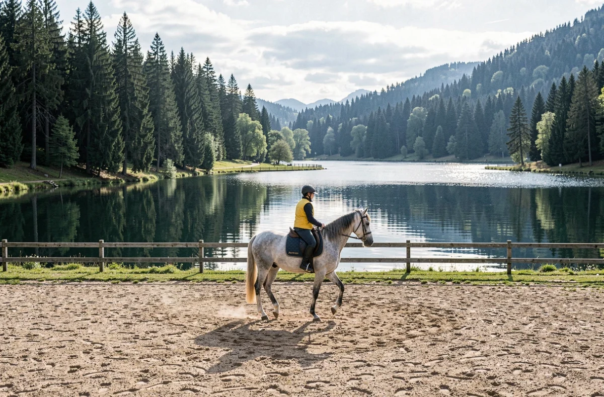Cours d'équitation en plein air au bord d'un lac vosgien aux Écuries du Lac à Chaumousey, Vosges