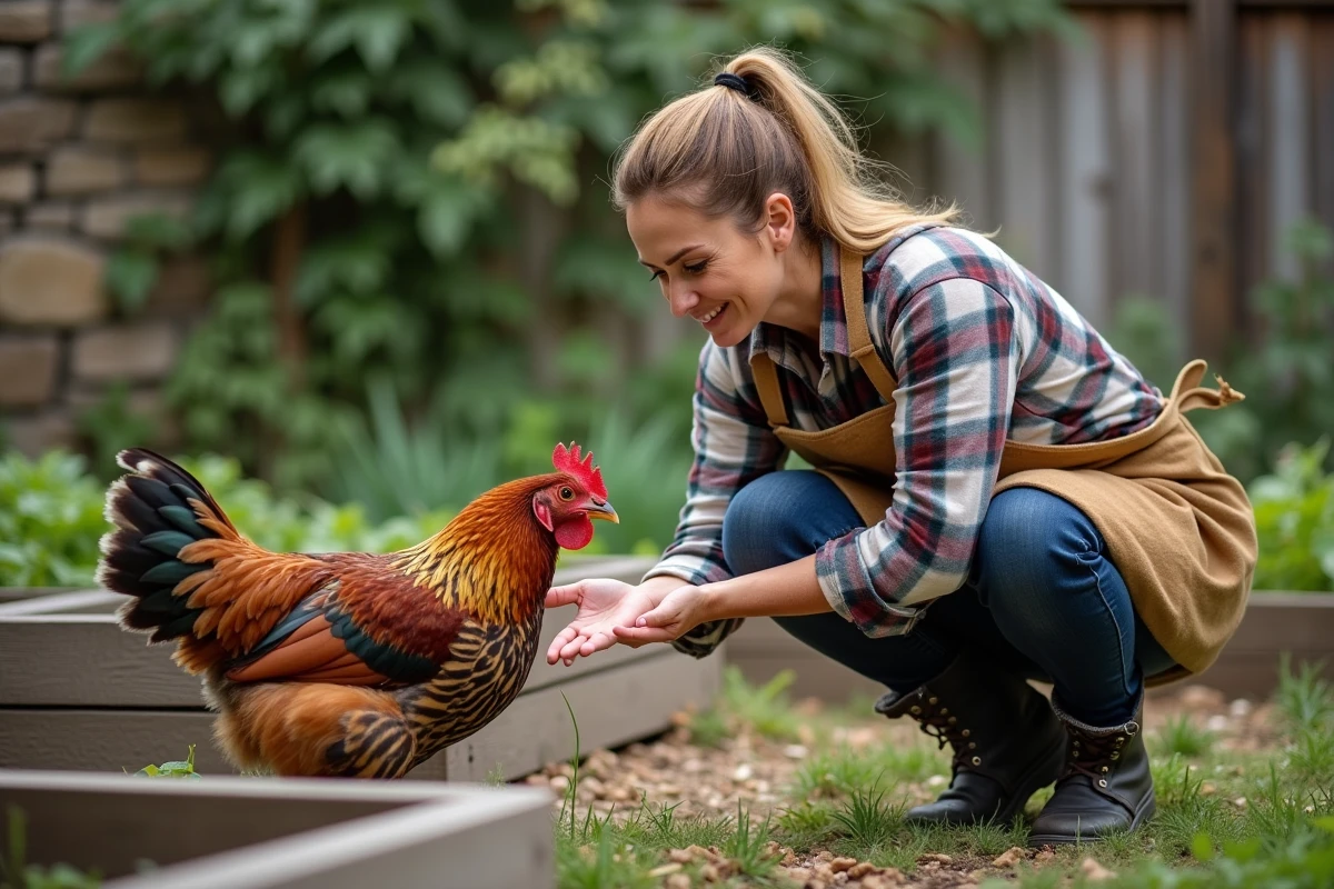 Éleveuse donnant à manger à la main à une poule Plymouth Rock dans un jardin domestique, illustrant la docilité de la race