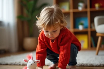 Enfant en bas âge observant un jouet licorne en forme de U, assis sur un tapis dans un salon chaleureux