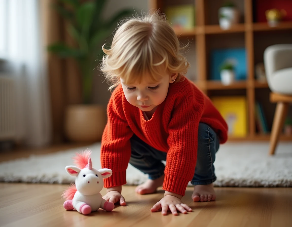 Enfant en bas âge observant un jouet licorne en forme de U, assis sur un tapis dans un salon chaleureux