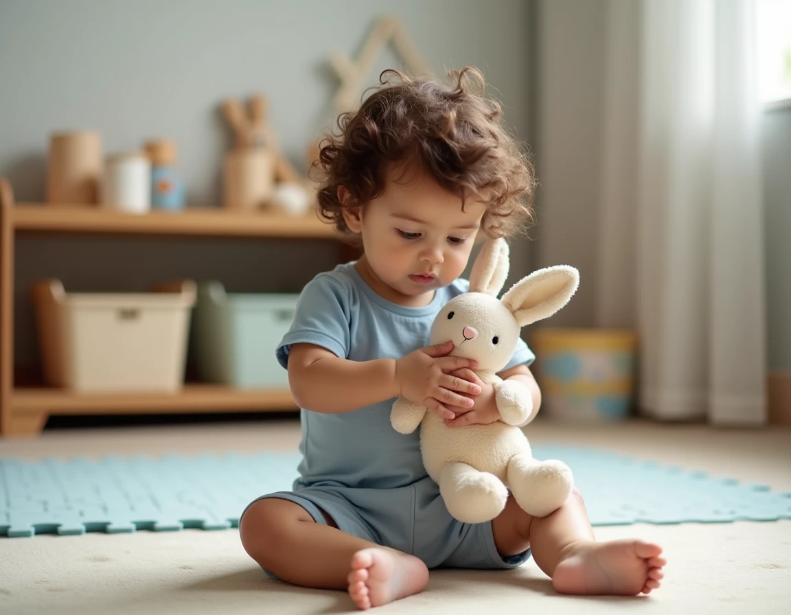 Tout-petit tenant un jouet-lapin Petsboro dans ses mains sur un tapis de jeu coloré