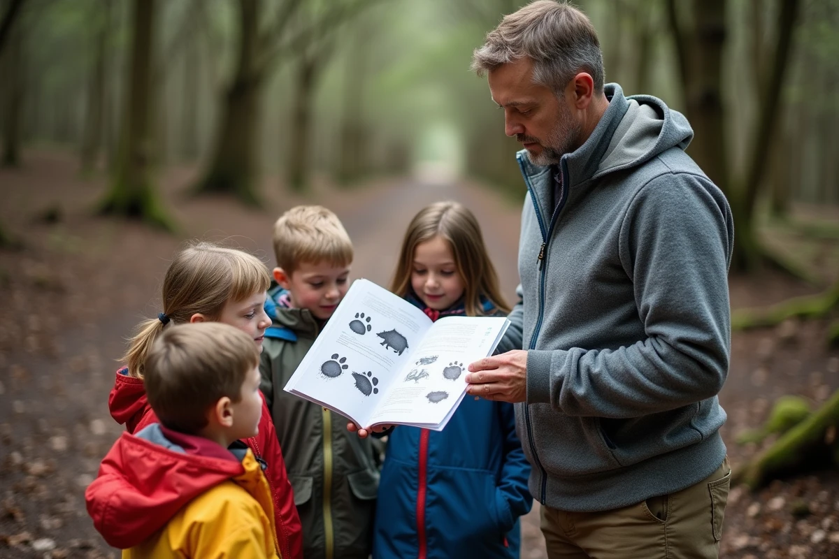 Enseignant montrant un guide naturaliste sur les traces de sanglier à un groupe d'enfants en forêt