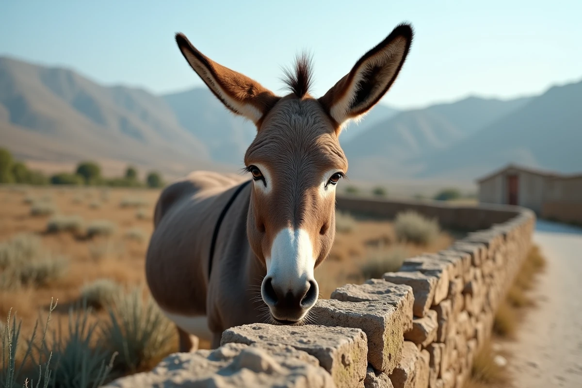 Âne âgé aux oreilles longues appuyé contre un mur en pierres sèches dans un paysage méditerranéen, symbolisant la longévité exceptionnelle de l'âne
