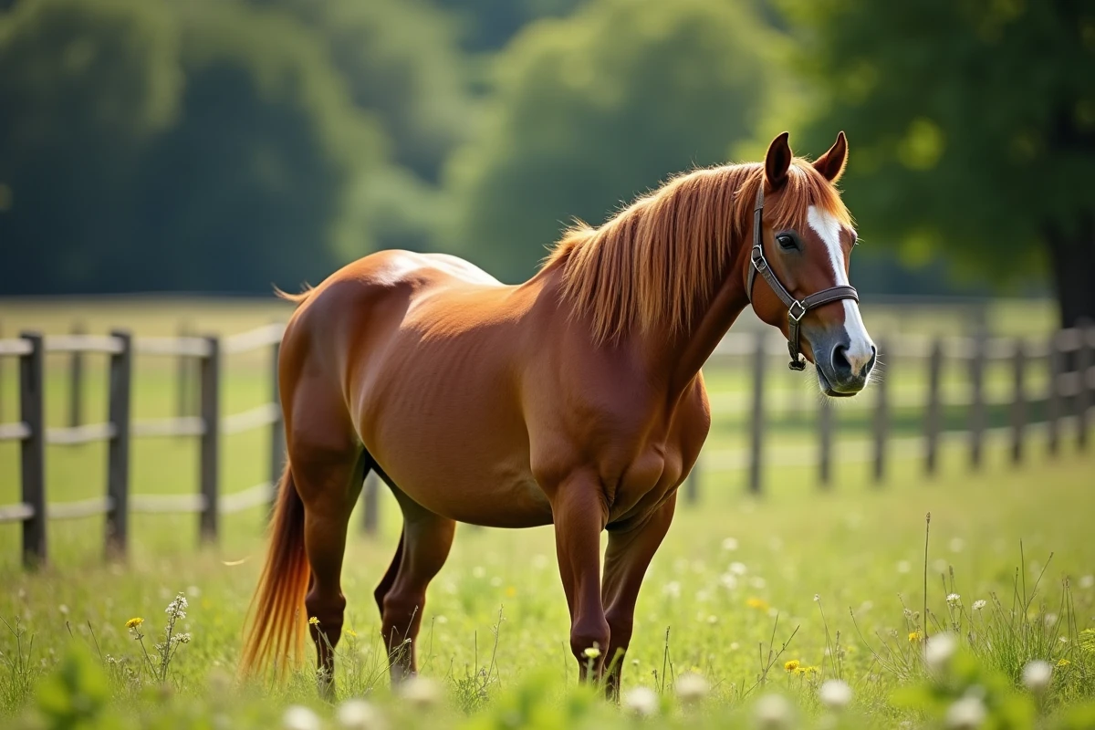 Cheval adulte de race commune debout dans un paddock verdoyant en campagne française, illustrant l'espérance de vie du cheval