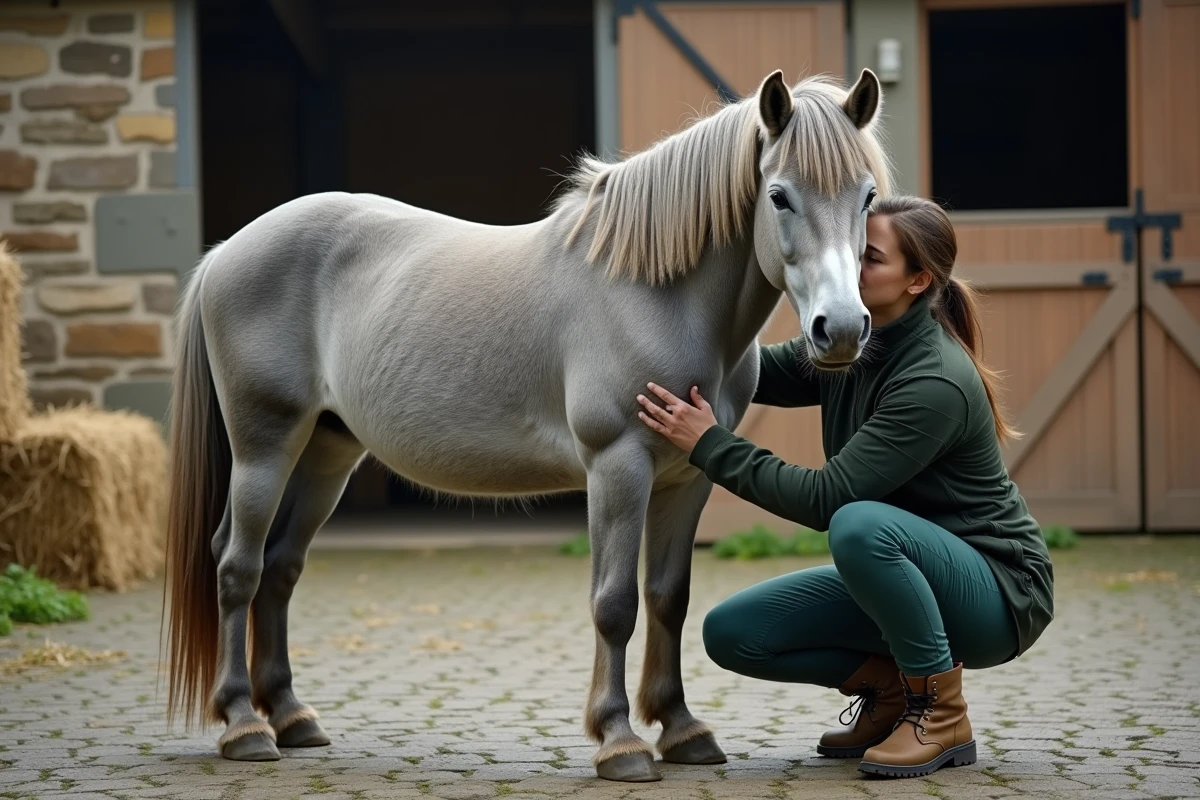Vétérinaire examinant un vieux poney gris dans une cour de ferme, illustrant la longévité du poney par rapport au cheval