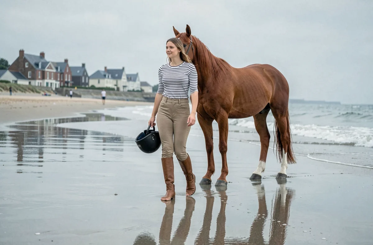 Jeune femme marchant sur la plage normande avec un cheval alezan pieds dans l'eau à l'Étrier de la Plage