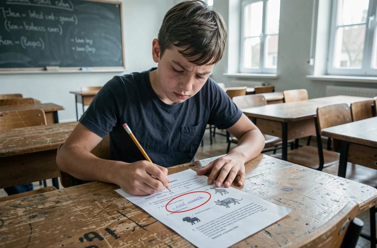Adolescent répondant à une question d'examen sur un animal en Q dans une salle de classe