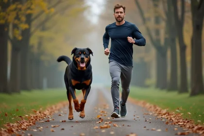 Homme qui court avec son rottweiler en laisse sur un sentier de parc en automne pour canaliser son énergie