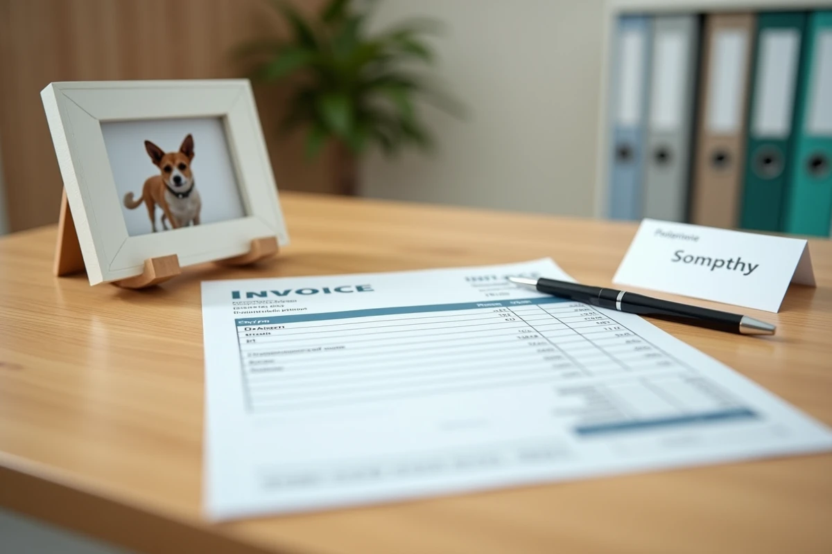 Facture vétérinaire d'euthanasie posée sur un bureau avec une photo de chien et une carte de condoléances