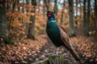 Faisan obscur aux plumes iridescentes perché sur un vieux poteau en bois en lisière de forêt automnale