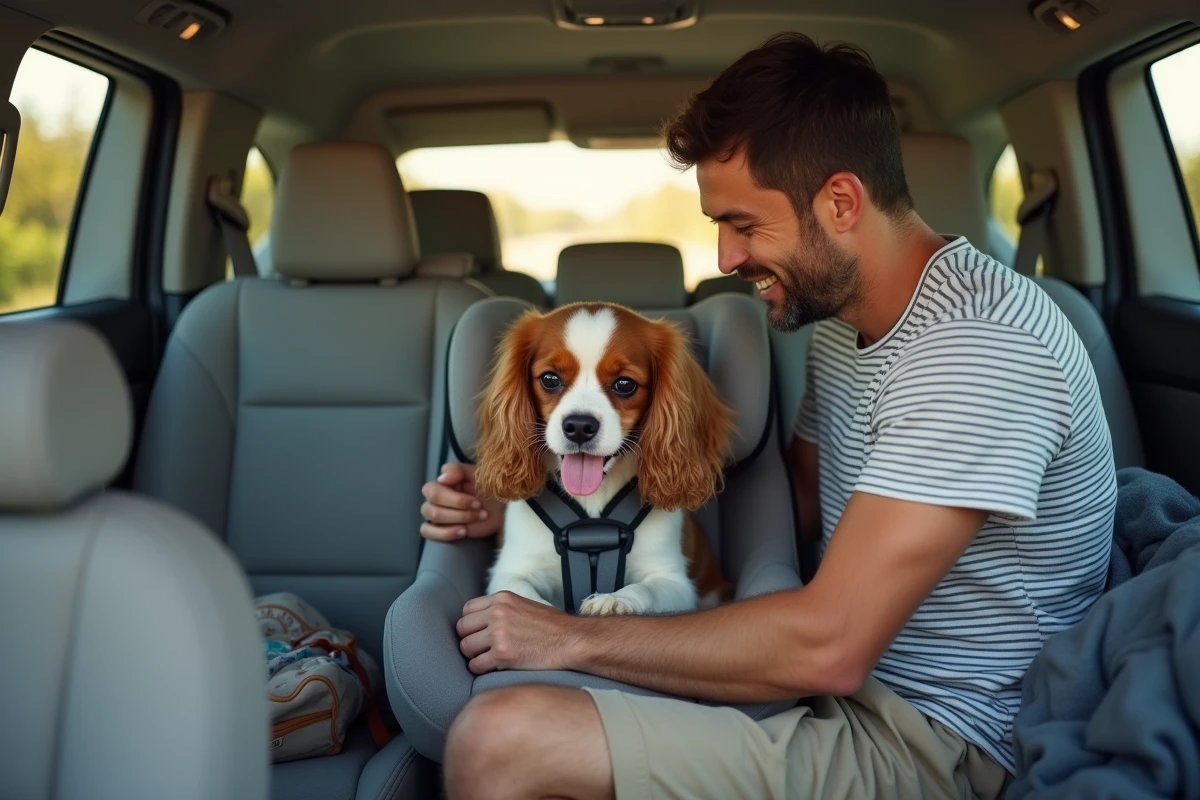 Famille en voiture préparant la ceinture du siège avec leur chien