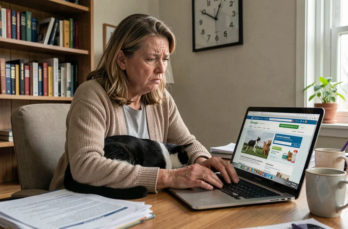 Femme préoccupée consultant un site de pharmacie en ligne pour acheter des contraceptifs pour son chat sans ordonnance