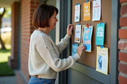 Femme affichant une annonce d'adoption de chiot devant un centre communautaire