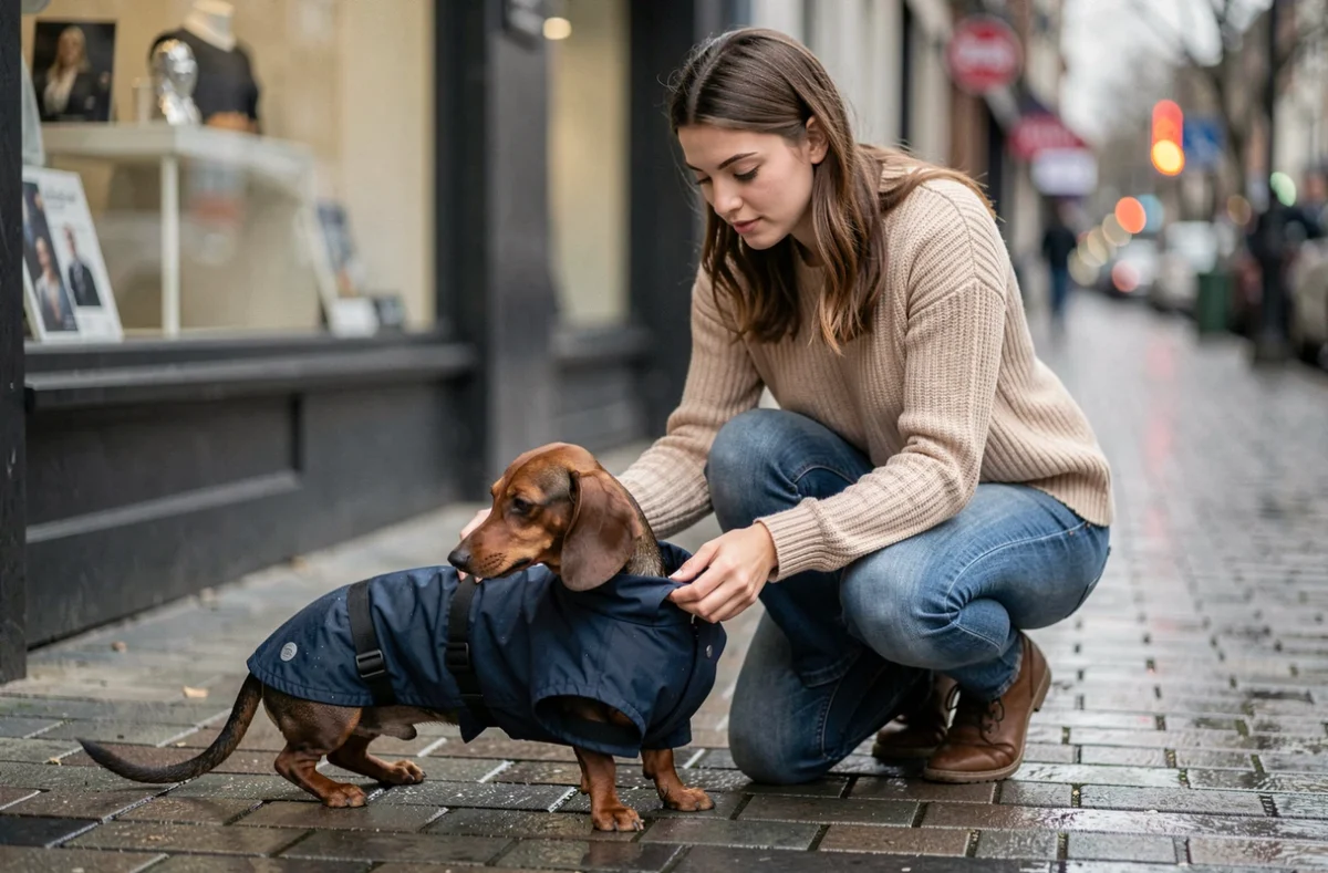Femme ajustant le manteau imperméable de son teckel sur un trottoir pavé en ville