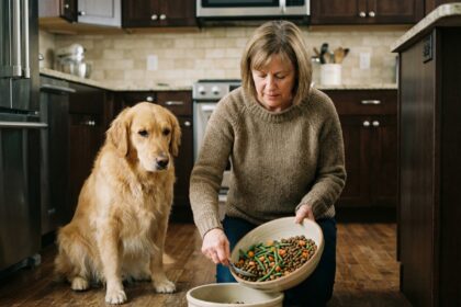 Femme remplissant un bol de légumes pour son chien dans la cuisine