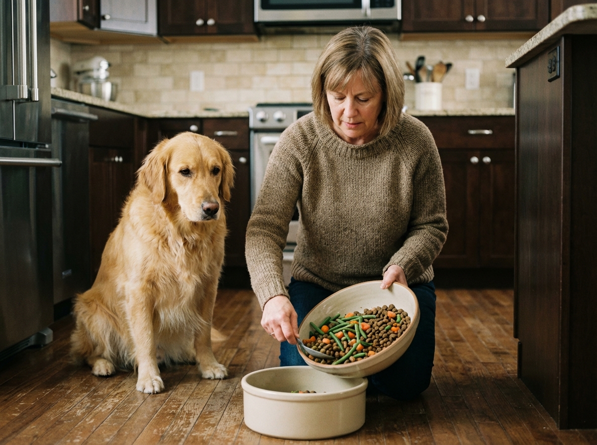 Femme remplissant un bol de légumes pour son chien dans la cuisine