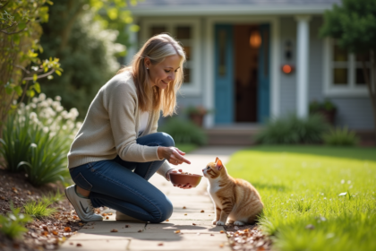 Femme à genoux dans le jardin appelle doucement un chat