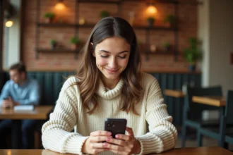 Jeune femme utilisant une application de rencontre sur son smartphone dans un café chaleureux