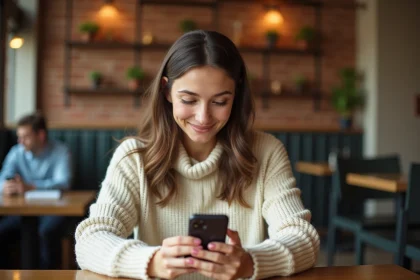 Jeune femme utilisant une application de rencontre sur son smartphone dans un café chaleureux