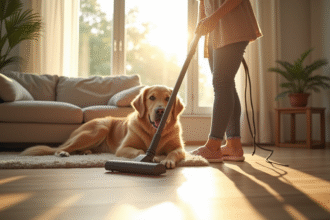 Femme aspirant un salon lumineux avec un chien golden retriever