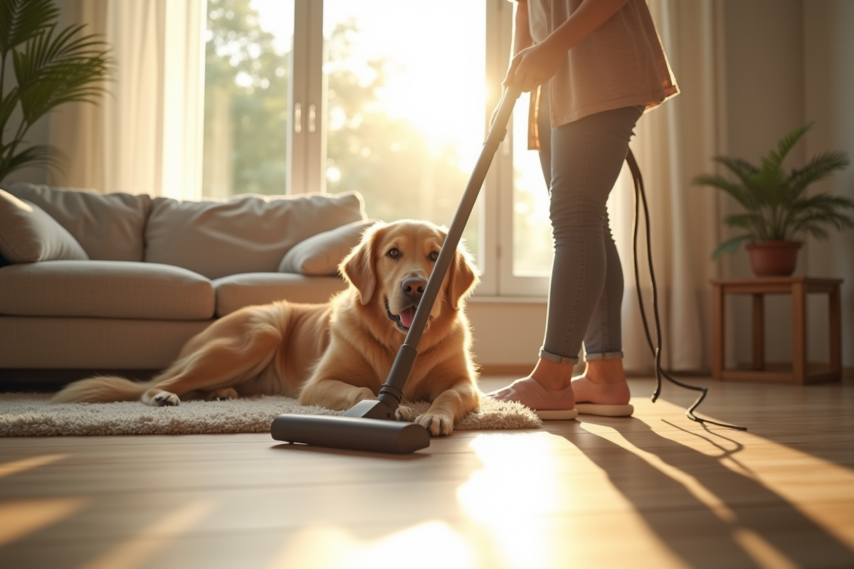 Femme aspirant un salon lumineux avec un chien golden retriever