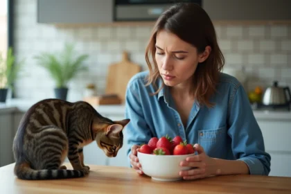 Jeune femme avec chat et fraises dans la cuisine lumineuse