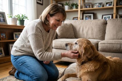 Femme en jeans et pull doux avec son chien doré retriever