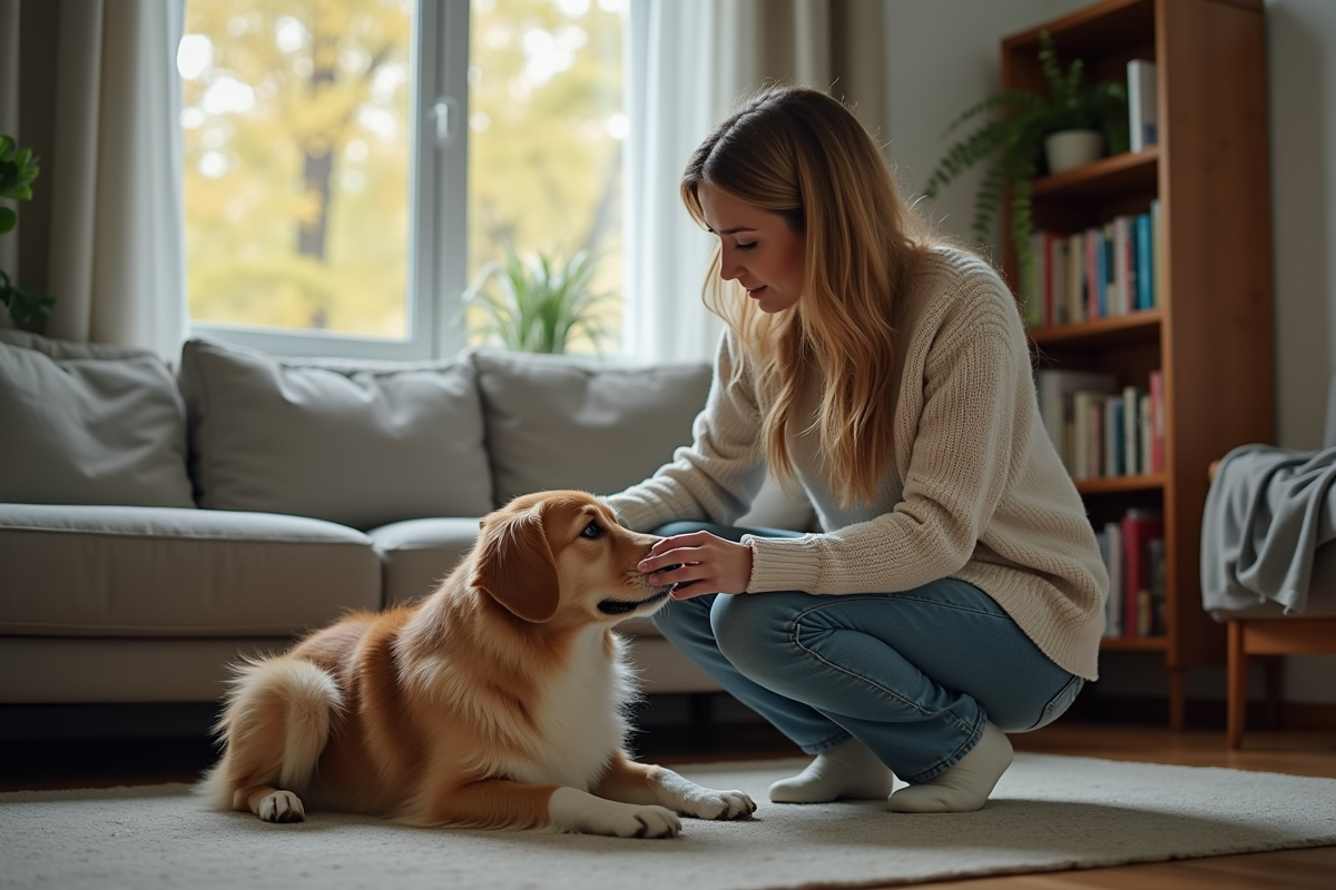 Femme assise avec son chien dans un salon calme