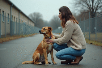 Femme assise avec son chien dans un refuge animalier