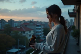 Femme sur balcon urbain observant un petit chauve-souris