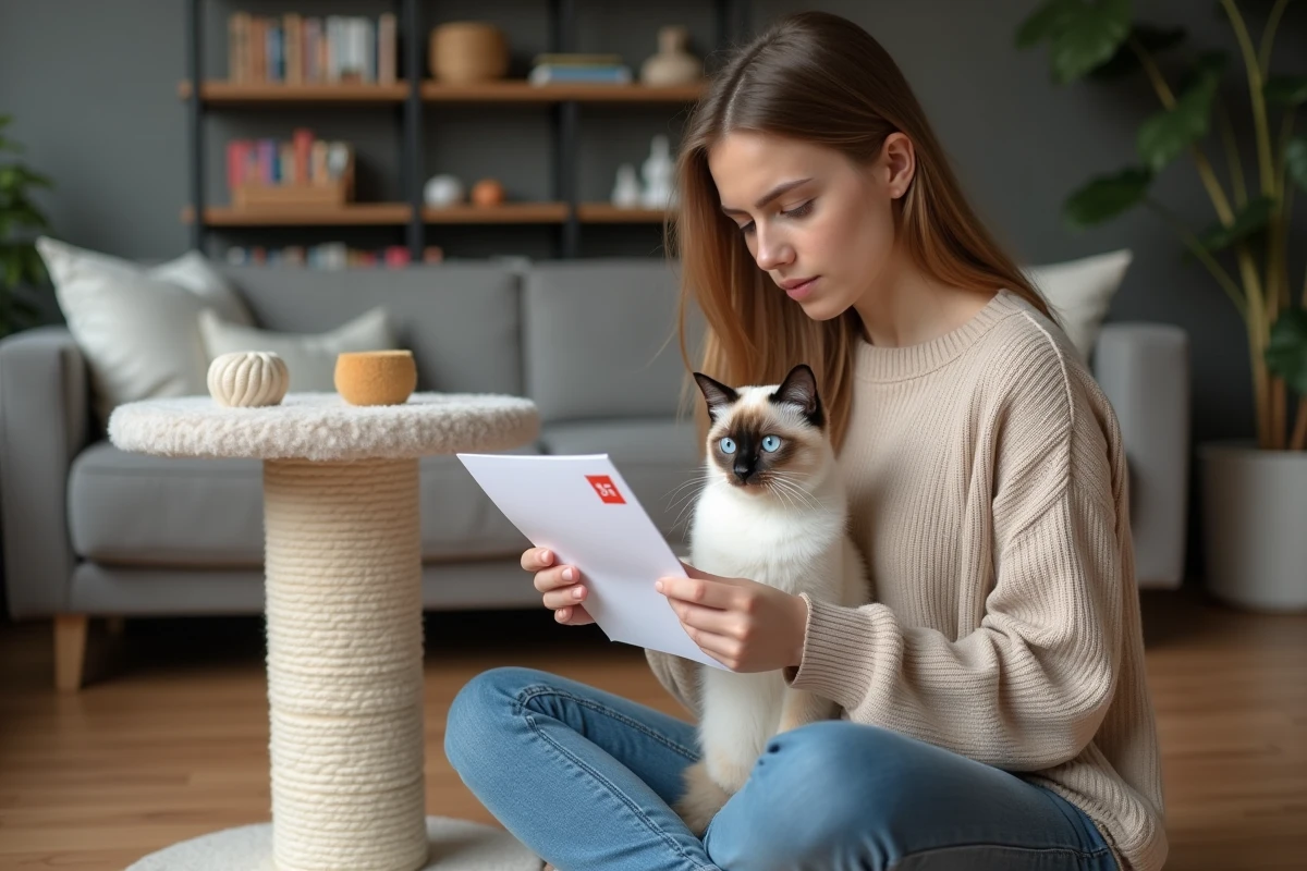 Jeune femme avec un chat birman examine un document