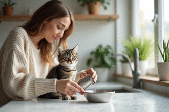 Jeune femme versant de l'eau dans un bol pour chat dans une cuisine lumineuse